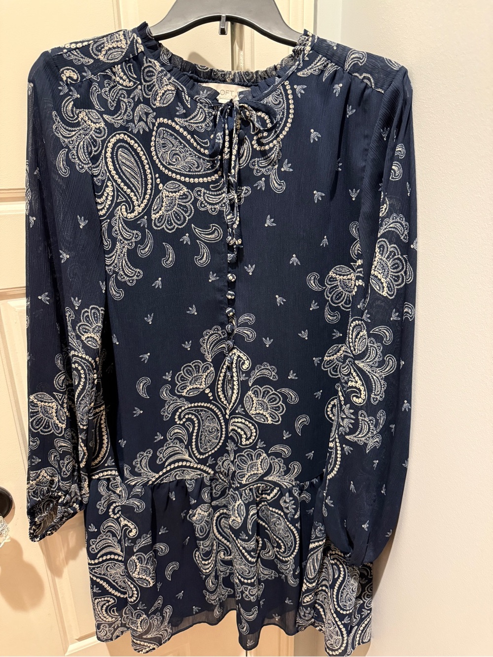 Woven Navy Paisley Long-Sleeve Dress